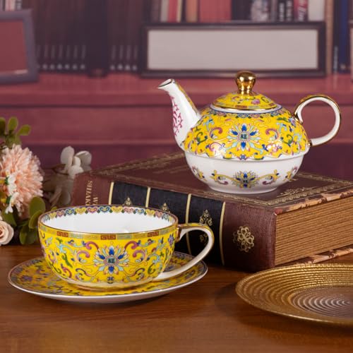 KAMMAK Tea for One Set, Ceramic Teapot, Bone China Tea Set, Cup and Saucer - color: Yellow