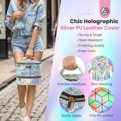 SAVILAND PU Leather Nail Polish Organizer Bag for Nail Tech, Holographic - color: C-Holographic