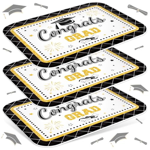 JarThenaAMCS 3Pcs Graduation Serving Trays 13 x 10 Inch Bachelor' s Hat Diploma Glitter Reusable Melamine Platter Congrats 2026 Grad Serving Dishes for Graduate Party Sharing Snacks Fruit Dessert - style: Black Gold Graduation
