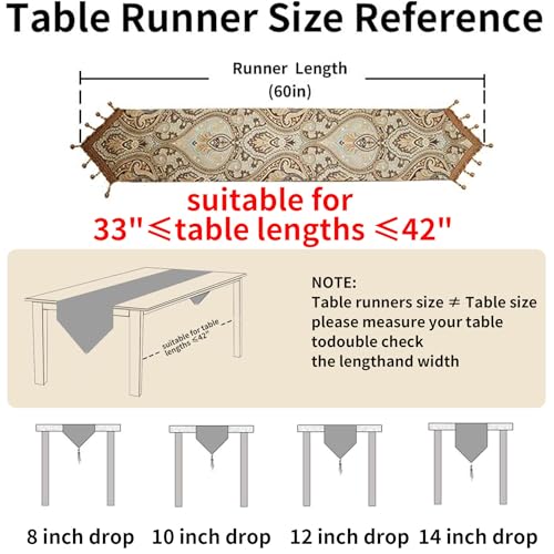 Luxury Vintage Design Table Runner 60 inches Long Embroidery Jacquard Fabric with Multi-Tassels Table Runners for Dining Room Dresser Wedding Holiday Party Fireplace Decorations (Coffee, 12X60inch) - color: Coffee, size: 12X60inch