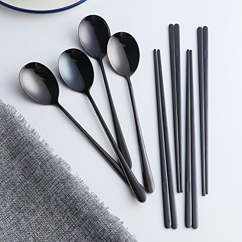 Buyer Star 4 Set Spoon Chopsticks, Black Reusable Metal Stainless Steel Korean Chopstix Spoon Set - color: black-flat chopstick and spoon