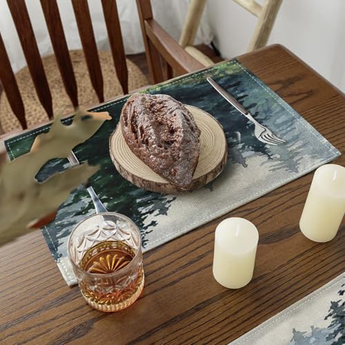 Ansouyi Placemats Set of 6, Green Watercolor Landscape Pine Forest Washable Heat Resistant Linen Table Mats, Kitchen Decor Non-Slip Place Mats for Party Dining, 12x18 Inch - color: Pine Forest