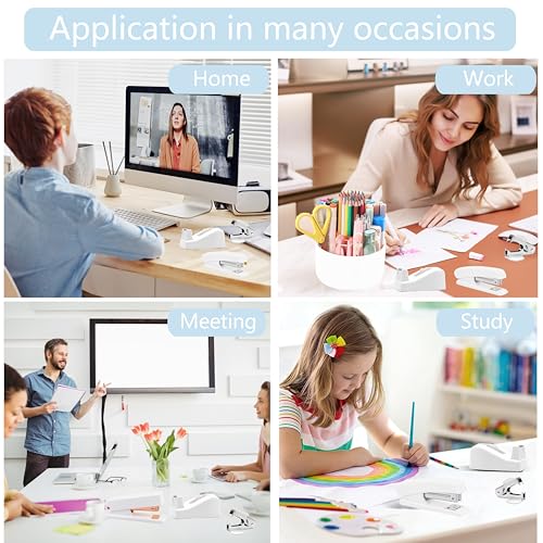 Dimonluce Office Desk Accessories, White Office Supplies Accessories with Tape Dispenser, Stapler, Staple Remover, 1000 Staples, Tape, Clips Set, Ruler, Scissor, Pen - color: White