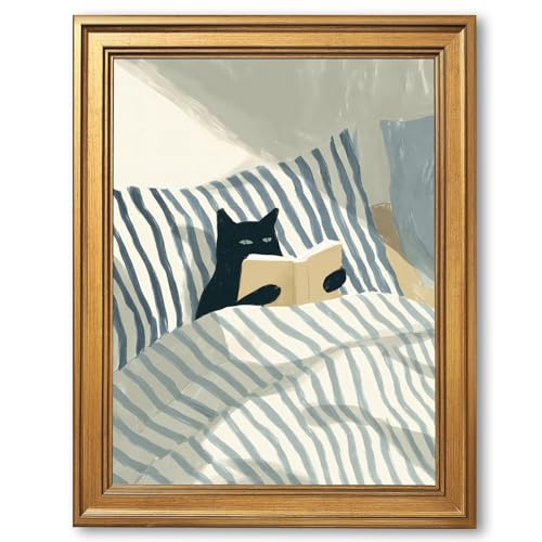 EQUEEN Black Cat Reading Poster Cozy Wall Art Bedroom Wall Decor Book Lover Canvas Print For Bedroom Library Office16x24inch Golden frame - color: style-2, size: 16"L x 24"W