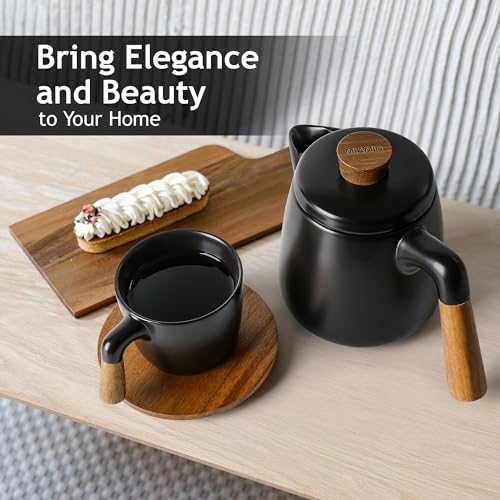 MIAMIO - Teapot Set with 4 Cups & Rack (34/10 oz) with Infuser (Black) - color: Black