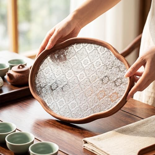 Glass Serving Tray with the Crabapple Pattern and Walnut Rectangular Serving Platter, Vintage Floral Edge Decorative Countertop Organizer for Vanity, Coffee Table, Jewelry Display (Clear) - color: Clear