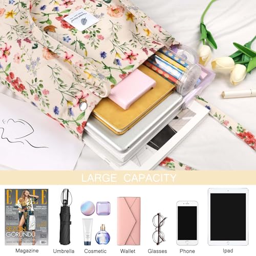 Ayieyill Corduroy Tote Bag for Women Canvas Shoulder Cord Purse with Inner Pocket - color: Beige/Vintage Flowers