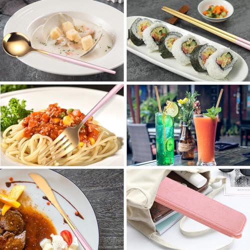 AARAINBOW 8 Pieces Stainless Steel Flatware Set Portable Reusable Cutlery Set Travel Utensils Set Including Chopsticks Knife Fork Spoon Straws Cleaning Brush Dishwasher Safe (Pink Golden) - color: Pink Golden