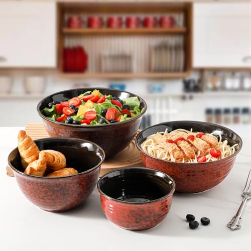HASENSE Mixing Bowls, 2.1/1.5/1.0/0.5 Qt, Nesting Bowls for Cooking, Baking, Ceramic Serving Dishes Set of 4 for Salad, Fruits, Popcorn, Thanksgiving Christmas Gift, Dishwasher & Microwave Safe, Red - color: Red, size: 20+40+65+84 Ounce
