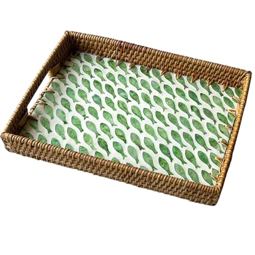 Handmade Mother of Pearl Rattan Serving Tray with Handles 13" x 9" Natural Shell Mosaic Pattern Ottoman Tray for Storage and Display of Coffee Bread Food Fruit (Green Fish) - color: Green Fish