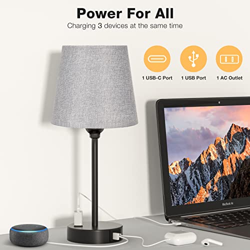 Grey Bedside Lamps Set 2 for Bedroom - Dimmable Touch, USB C+A, AC Outlet - color: Gray