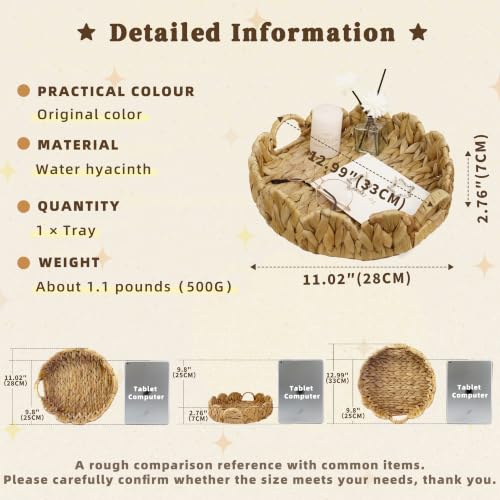 GYASVWU Water Hyacinth Scalloped Tray with Handles,Round Wicker Serving Trays for Coffee Table,Woven Tray for Ottoman Decorative and Organizer Trays (Water Hyacinth) - color: Water Hyacinth