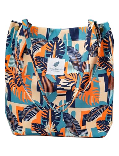 Corduroy Tote Bag Cute Tote Bags for Women Shoulder Bag with Inner Pocket for Work Beach Travel and Shopping Grocery - style: Plantain Leaf