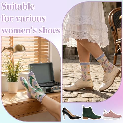5/6 Pair Crew Socks for Women Floral Socks - color: Purple, Green