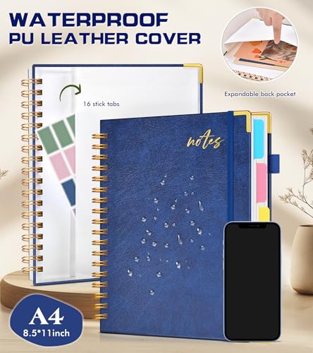 Hardcover Spiral Notebook Journal 8.5" x 11" Leather 5 Subject Notebook with Removable Dividers Tabs, 300 Pages Organizer Notebooks for Work School, College Ruled, Large Lined Journal for Women,Navy - color: Navy, size: A4