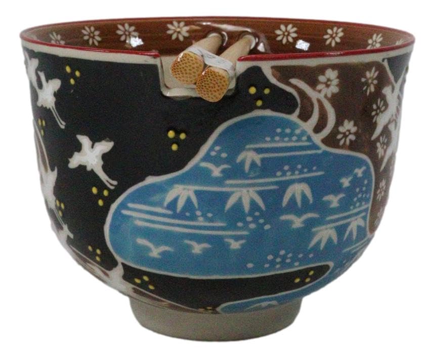 Ebros Gift Artistic Donburi Ramen Udon Noodles Soup Salad 5" D 18Oz Bowl With Bamboo Chopsticks And Built In Rest Set Asian Dining Kitchen Accent (White Japanese Cranes) - color: White Japanese Cranes