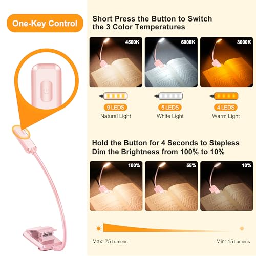 Gritin 9 LED Rechargeable Book Light for Reading in Bed - color: Pink