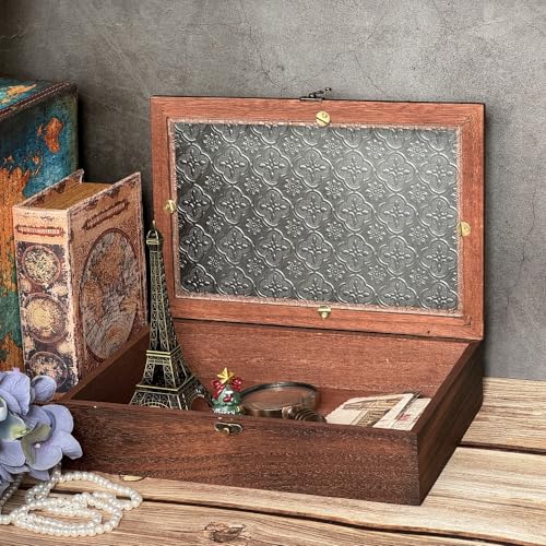 Keepsake Box - Vintage Wooden Decorative Box with Glass Lid for Jewelry, Trinket, Photo & Memory Storage (Large) - size: Large