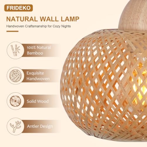 Frideko Bamboo Lantern Plug in Wall Sconces Wicker Wall Lamp with Plug in Cord Hand Woven Rattan Wall Light Farmhouse Rustic Wall Sconces Boho Sconces Wall Lighting for Living Room Bedroom - color: Orange(1PC)