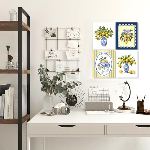 LUKIPOM Chinoiserie Lemon Wall Art Posters Set of 4, Grandmillennial Home Decor, Floral Blue and White Porcelain Lemon Tree Canvas Prints Artwork for Kitchen Wall Decor, 8x10 Unframed - color: Color 009