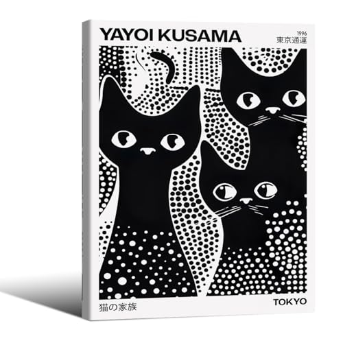 Cute Black Cat Poster Japanese Yayoi Kusama Wall Art 08x10 inch Framed Trendy Animal Canvas Prints for Bedroom Dorm Wall Decor Cat Lover Gifts - color: Trendy 5-WFramed, size: 10"L x 8"W