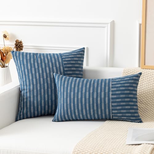 Kevin Textile Dark Blue and Beige Farmhouse Striped Patchwork Linen Decorative Throw Pillows Covers 18x18, Set of 2, Modern Accent Square Cushion Covers for Couch Chair Bedroom Fall Decorations - color: Dark Blue, size: 18" x 18" (Pack of 2)
