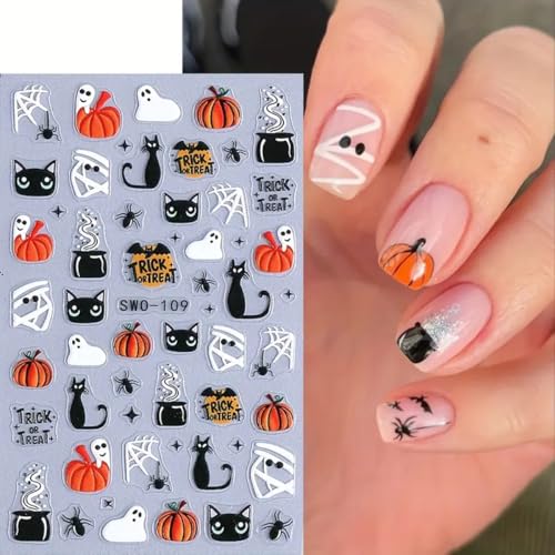 Halloween Nail Art Stickers Decals 3D Cute Ghost Black Cat Halloween Nail Stickers 4PCS Pumpkin Spider Web Skeleton Flower 3D Embossed Nail Decals Manicure Sliders for Women Nail Art Decorations - style: style1