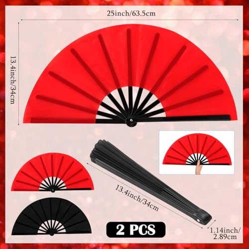 Maitys 2 Packs Large Folding Hand Fans, 13'', Black and Red - color: Black and Red