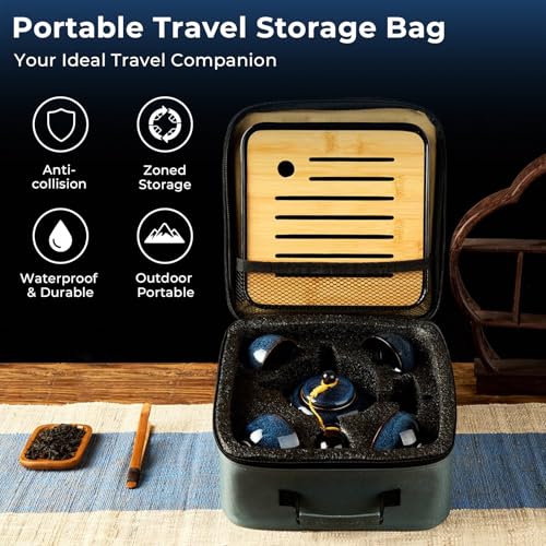 DUJUST Chinese Gongfu Tea Set, Kiln Altered Glaze Porcelain Tea Set with 1 Teapot, 4 Tea Cups & 1 Tea Tray, Portable Japanese Tea Sets with Storage Bag for Travel, Gifting, Outdoor, Dark Blue - color: Dark Blue