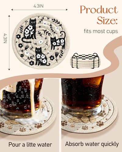 Drink Coasters Set of 4 - Cute Absorbent Cup Coasters for Drinks Coffee Table Office Home Desk Decor Soft Woven Cotton Cloth Braided Fabric Drinking Cup Mat with Holder Kawaii Cat Dog Animals - style: Animals Plaid