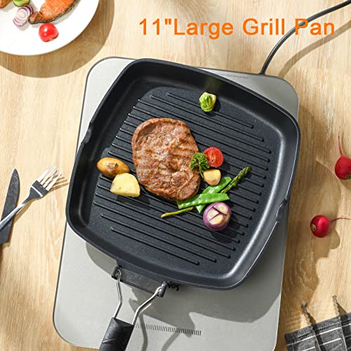 S·KITCHN Grill Pan with Folding Handle, Nonstick Grilling Pan for Stove Tops, Induction Compatible Square BBQ Pan with Pour Spouts - 11 in - size: 11 IN