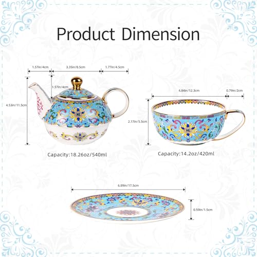 KAMMAK Tea for One Set, Ceramic Teapot, Bone China Tea Set, Cup and Saucer - color: Lake Blue