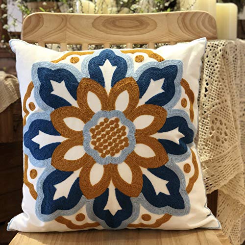 Sunflower Embroidery Pillow Cover 18x18 (1 Pack) - Solo 3D Floral Accent for Armchair & Bed, Cute Spring Summer Decor Gift, Breathable Cotton Canvas, Orange, No Insert - color: Sunflower
