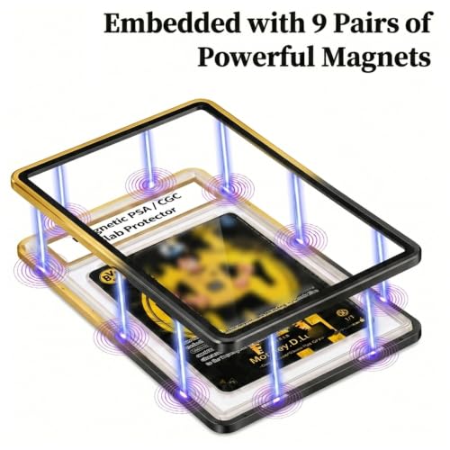 Magnetic PSA/CGC Slab Protector with Foldable Kickstand - UV Protection Tempered Glass & Aluminum Metal Bumper for 35PT PSA CGC CSG AGS, 9-Point Secure Lock Display Guard & Clear View (Black/Gold) - color: Black/Gold, size: PSA Card Case