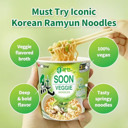 Nongshim Soon Veggie Ramyun Noodles, Signature Korean Instant Ramyun, Vegetable Flavored Broth, Vegan Noodles, Quick & Easy, Microwaveable Cup, 2.64 oz (Pack of 6) - size: 2.64 Ounce (Pack of 6)