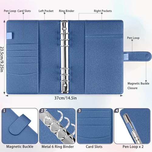 Antner A5 Binder 6 Ring Refillable Notebook Budget Planner Cover for Cash Organizer, PU Leather Loose Leaf Kpop Photocard Holder Small Binder for A5 Planner Inserts with Magnetic Buckle, Glitter Blue - color: Glitter Blue