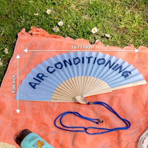 Fisura – Original folding fan with message “Air Conditioning”. Wooden handheld fan for women. Lightweight accessory for raves, weddings, parties, birthdays, festivals and unique gift ideas. - color: Air Condiditioning, Blue