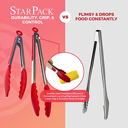 StarPack Premium Silicone Kitchen Tongs Set of 2 (9-Inch & 12-Inch) - Stainless Steel with Non-Stick Silicone Tips, High Heat Resistant to 480°F, For Cooking, Serving, Grill, BBQ & Salad (Cherry Red) - color: Cherry Red, size: Set of 2 (9" & 12")