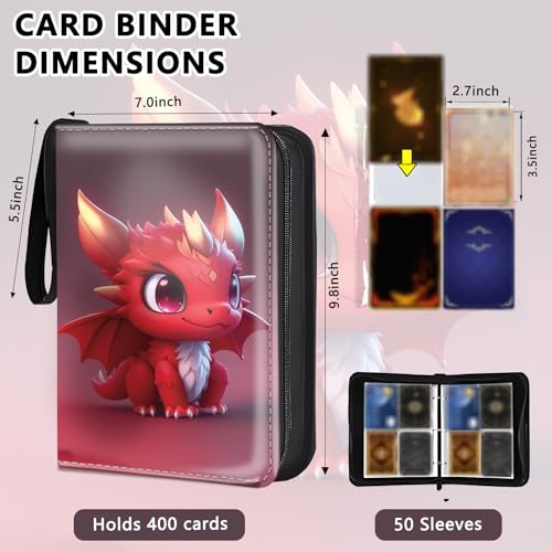 4 Pocket Trading Card Binder, Holds 400 Cards, Zipper Binder - color: Red Dragon