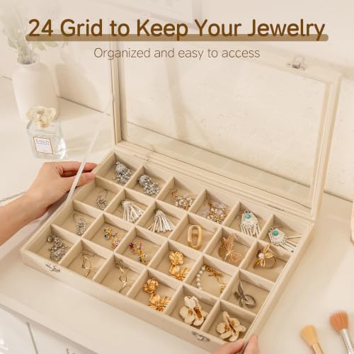 Frebeauty 24 Grid Earring Organizer,Velvet Jewelry Tray with Clear Lid - color: Beige, size: 24 Grid