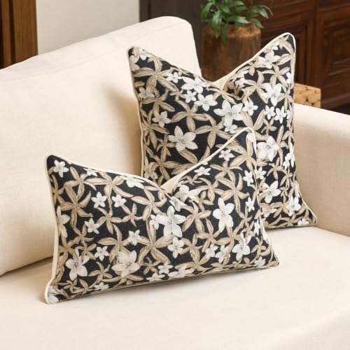 Aeckself Neutral Floral Pillow Cover 12 x 20 Inch, Vintage Chenille Rectangle Throw Pillow Cover Soft Home Decorative Farmhouse Accent Couch Pillow Cover for Living Room Bedroom, Black - color: Black, size: 20" x 12" (Pack of 1)