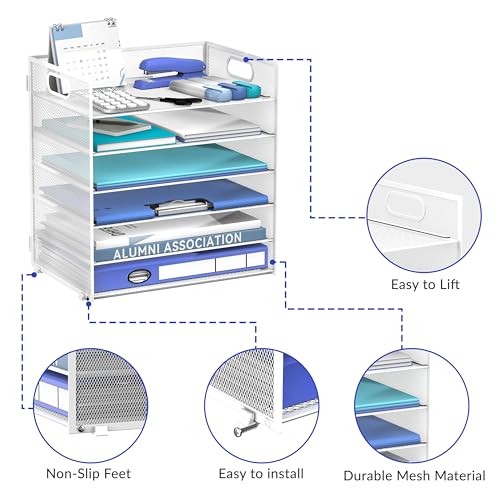 Daltack 6-Tier Paper Organizer for Desk with Handle, White - color: White