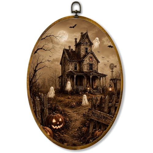 Haunted House Ghost Oval Wall Art, Framed Canvas Decor, 8.5x11.5 Inch - color: Spooky Haunted House Ghost