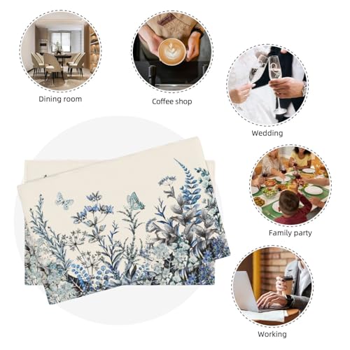 Blue Eucalyptus Floral Leaves Placemats Set of 4 12x18 Inch - color: Blue, size: Set of 4