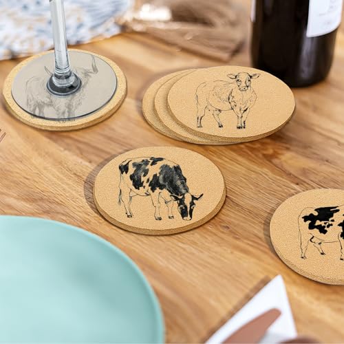 Hand Drawn Cow Coasters with Holder Set of 6,Farm Illustration Absorbent Cork Coaster for Cup Desk Office Table Kitchen Decor House Warming Gifts for New Home Couples, Round 4" - color: Cow