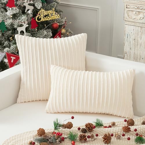 Kevin Textile Striped Corduroy 16”x16” Pillow Covers 2 Pack, Cream White - color: Creamy White, size: 16" x 16" (Pack of 2)