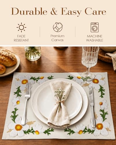 Embroidered Placemats Set of 6-13"x 18" 6PCS Embroidered Rustic Washable Fabric Place Mats Farmhouse Boho Dining Table Mats Dinner Placemats, Daisy - color: Daisy