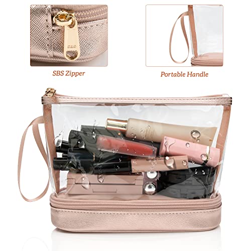 Clear Makeup Bag with Brushes Compartment Travel TSA Approved Toiletry Bag - color: 03-rose gold clear