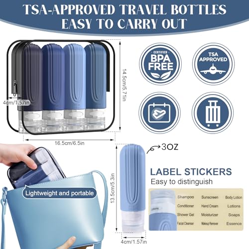 Travel Bottles for Toiletries, 3oz TSA Approved Travel Size Toiletries, Silicone Leak-Proof Refillable Containers, Squeezable Liquid Essentials Bottles W/Clear Bag (BLUE) - color: BLUE