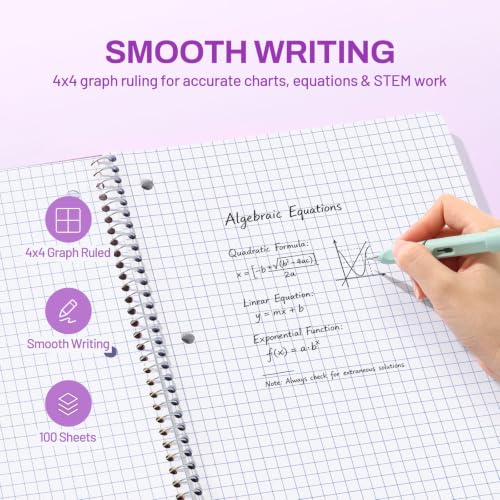 SUNEE Spiral Notebook, 1-Subject, Graph Ruled Paper, 8" x 10-1/2", 100 Sheets per Notebook, 3-Hole Punched Paper, Water Resistant Cover, Spiral Grid Notebooks for Work, Home, School, Dark Purple - color: Dark Purple
